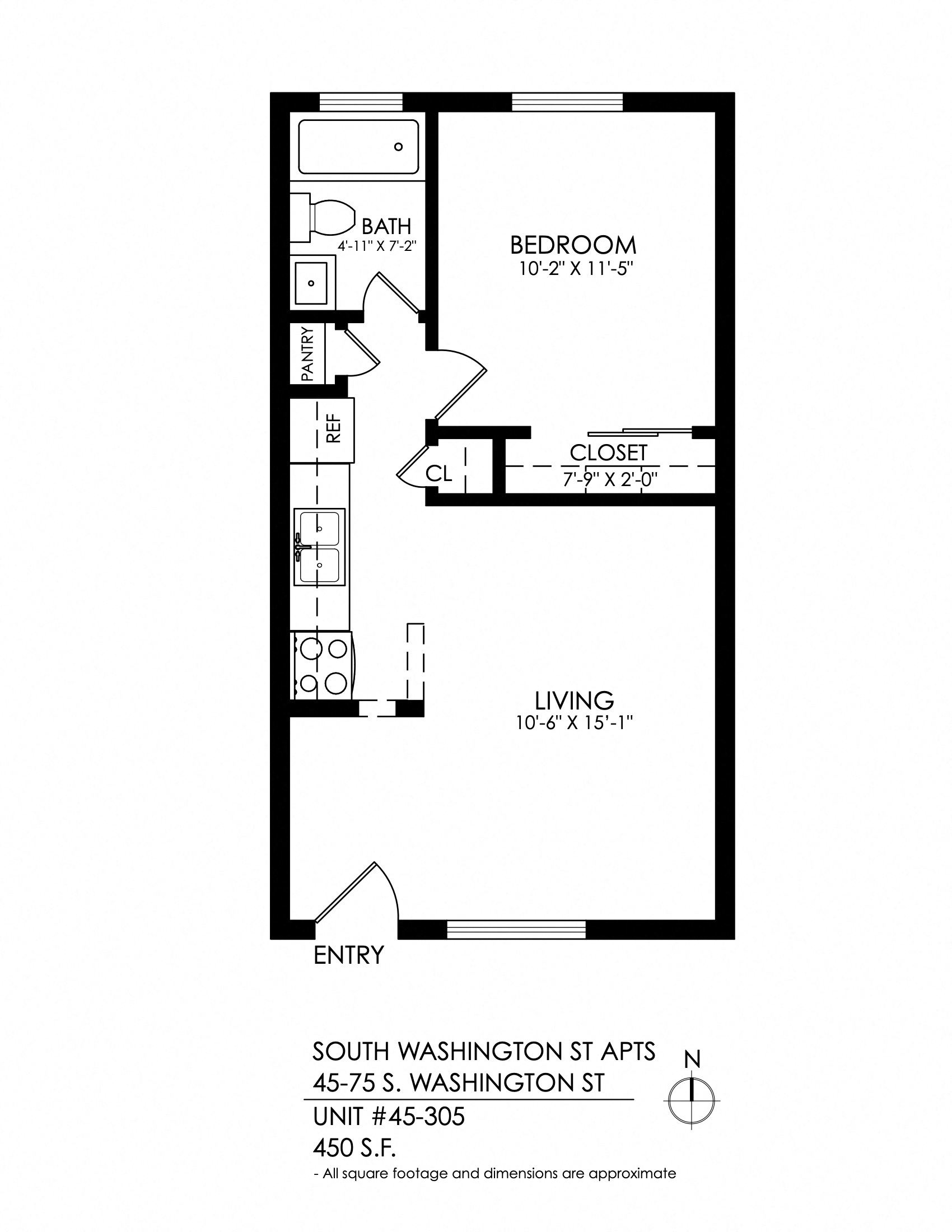 Floor plan for 1 bed, 1 bath, 540 sqft